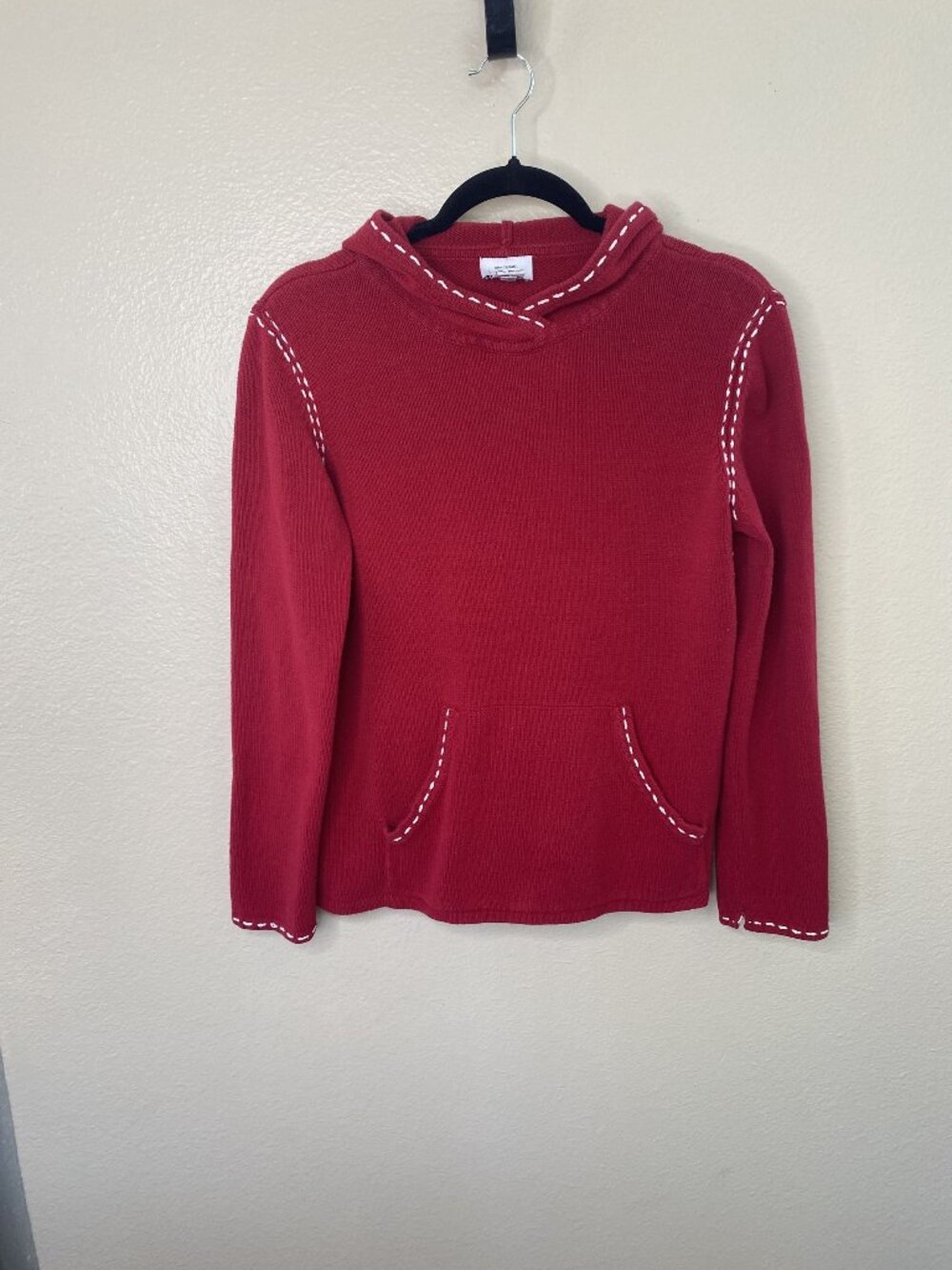 Ann Taylor Loft Red Knit Hoodie White Stitch Trim Kangaroo Pocket Womens Large